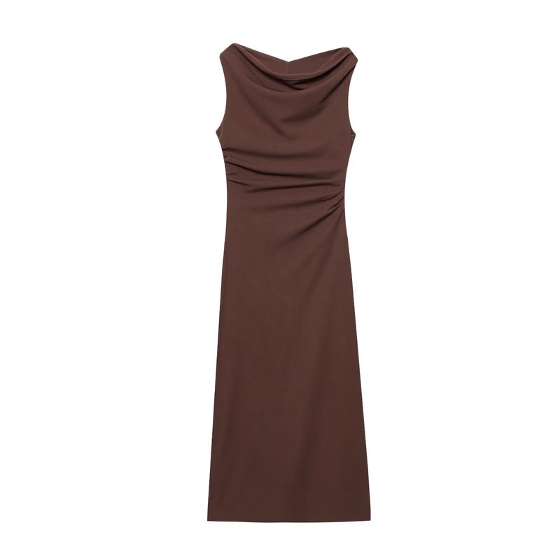Kaslead New Arrival Women's Clothing Fashion Style Fashion Slim-Fitting Simple Pure Color Sleeveless Ruched Dress