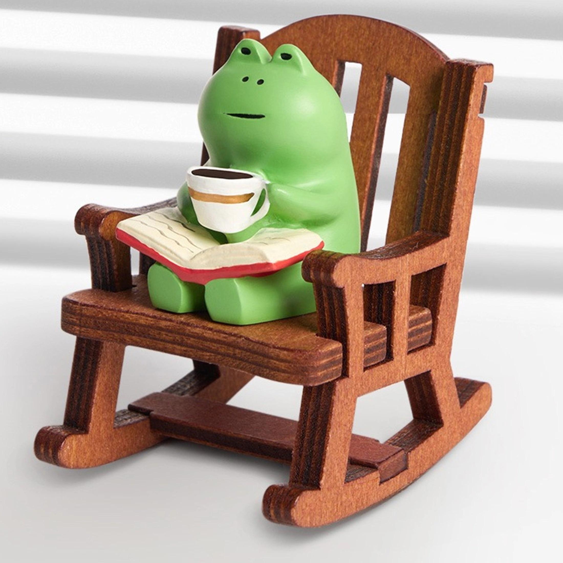 

2pcs resin coffee frog wooden rocking chair table lamp, healing ornaments, desktop computer desk scene props, room decoration. цвет морской волны