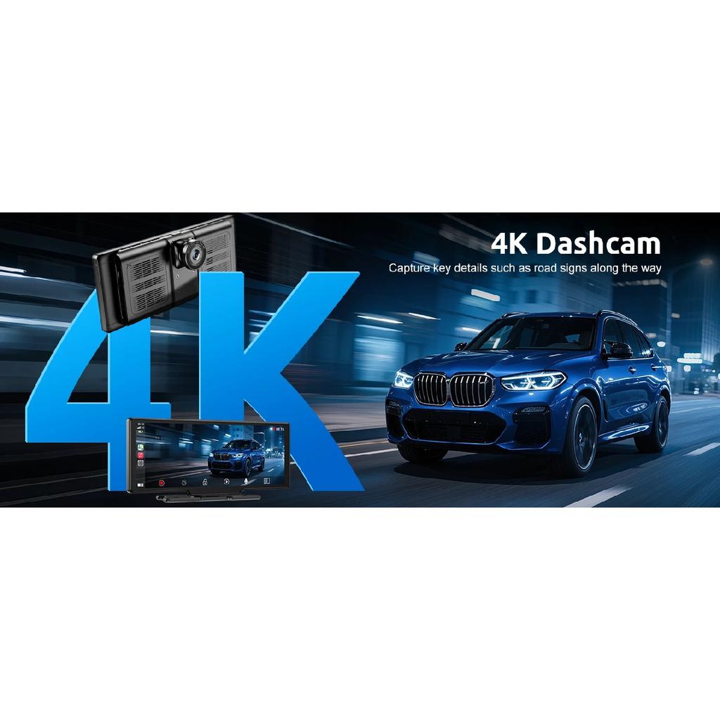 10.26" 64GB Dash Cam Car Stereo 4K IPS Touch Screen Wireless Apple Carplay & Android Auto Dual Len Recorder Bluetooth FM+Camera