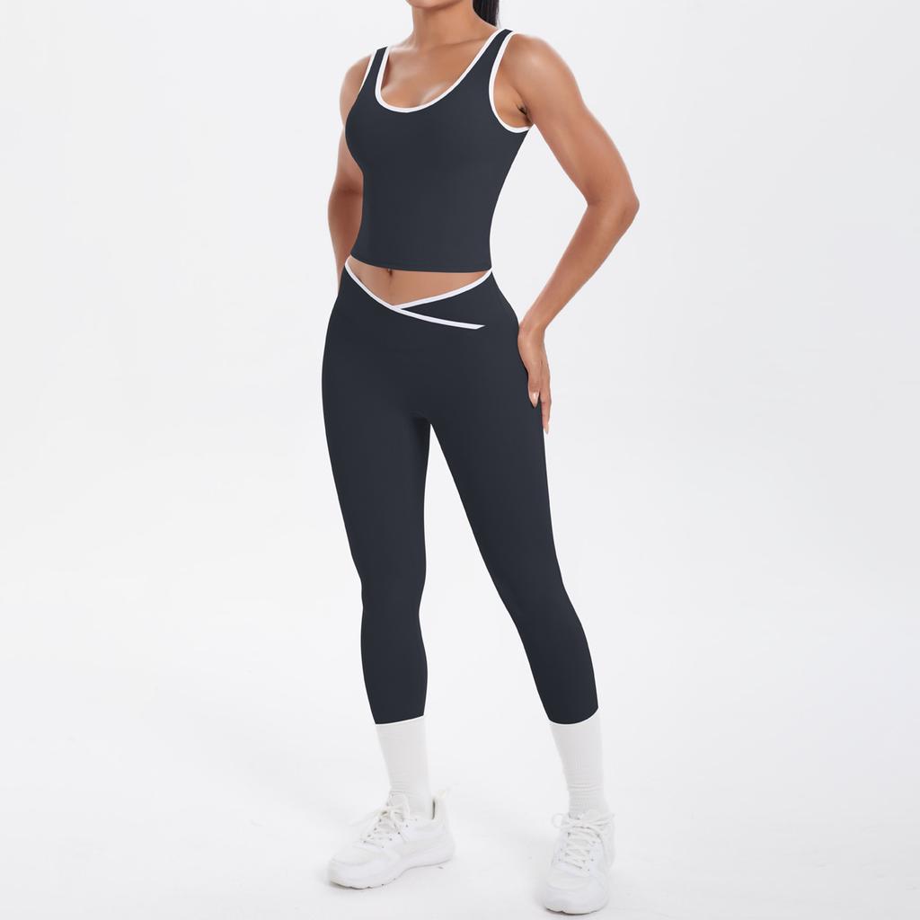 New double-sided abrasive contrasting colors, tight-fitting and breathable cross yoga suit, sports running and fitness two-piece suit