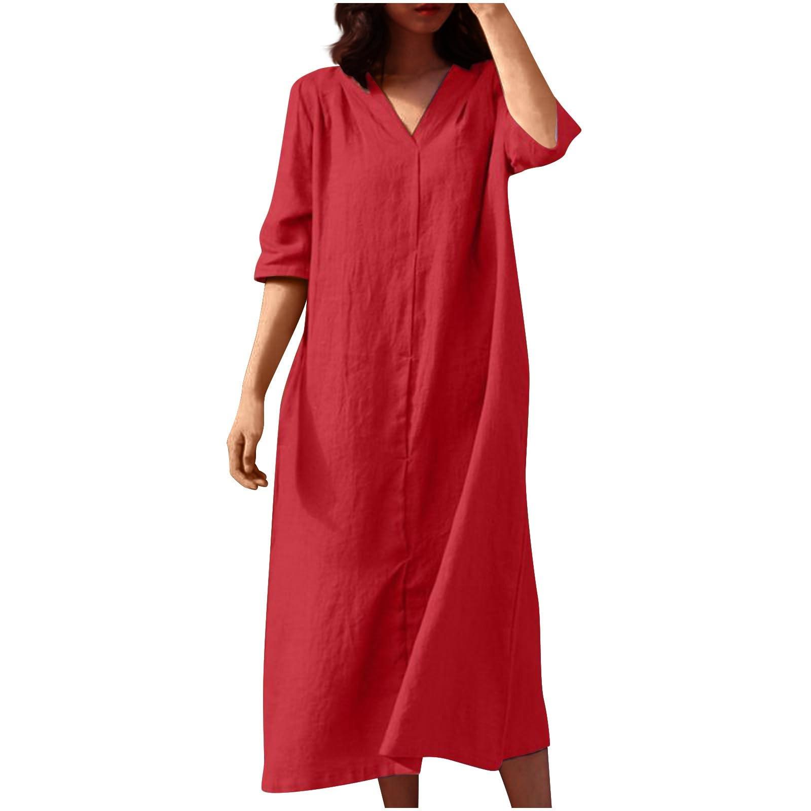 

Женские платья Свободные повседневные однотонные длинные платья с V-образным вырезом и скрытыми пуговицами XL красный