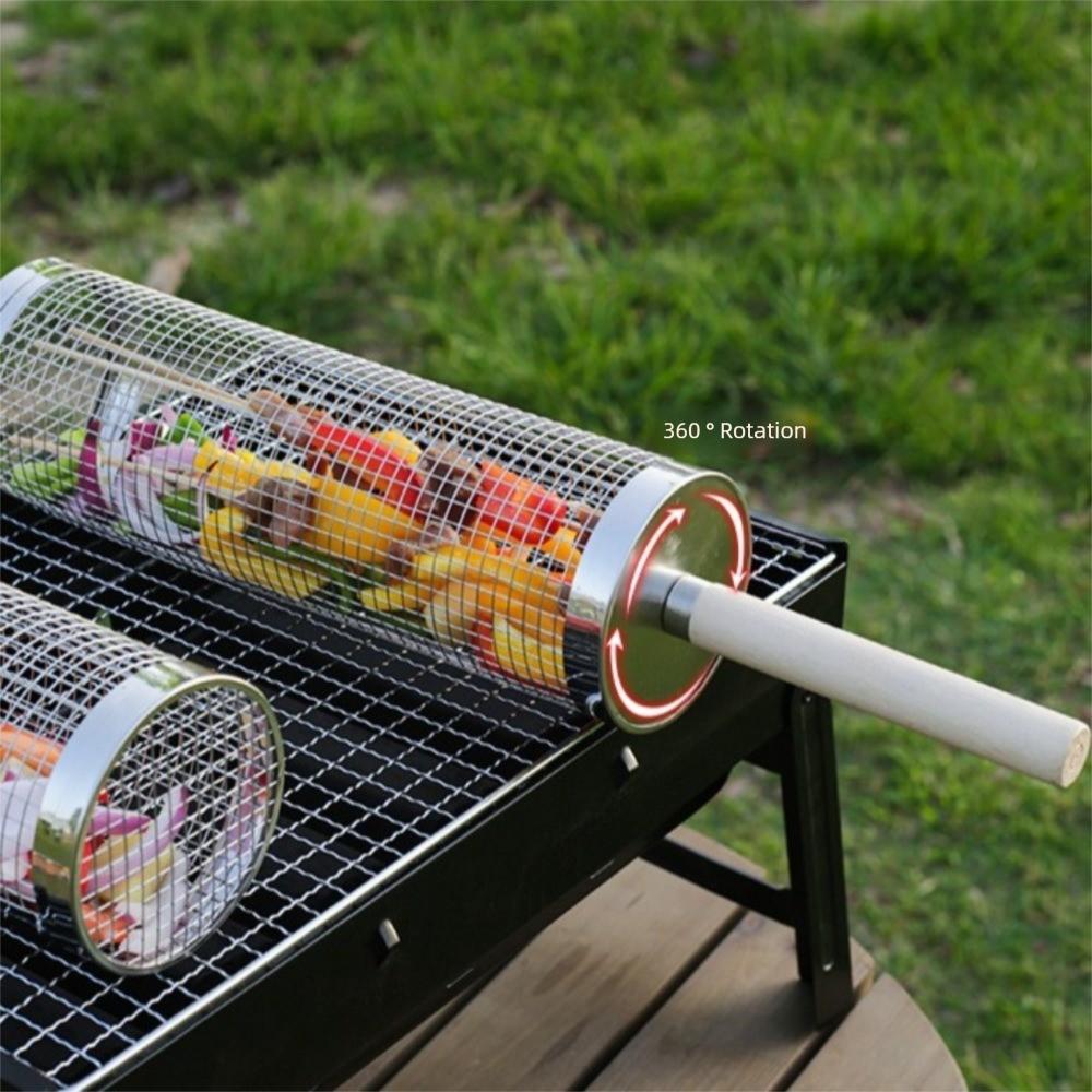 2/3Pcs Set Stainless Steel Rolling Grilling Basket Cylinder Barbecue Cage BBQ Basket Camping