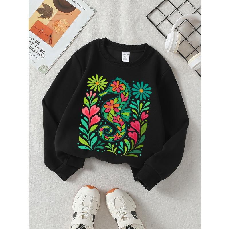 Kids Crewneck Sweatshirt, Colorful Floral Seahorse Creative Print,Daily Casual Top for Spring & Autumn