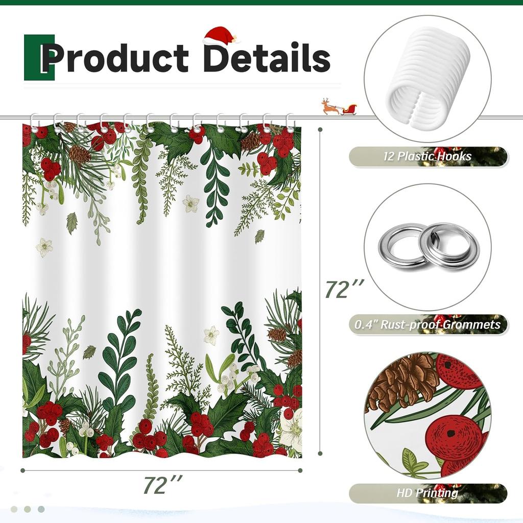 Christmas Shower Curtain, Holly Xmas New Year Holiday Winter Decor Bathroom Curtain Set Waterproof Polyester Fabric With Hooks