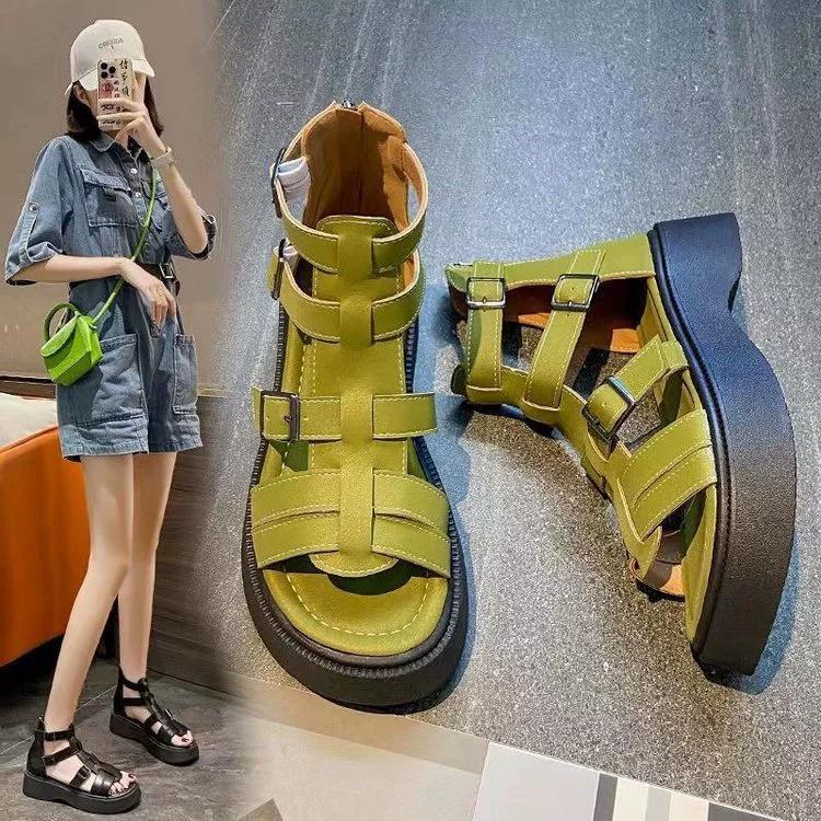 Spring and Summer Retro All-match Woven Belt Buckle Muffin Thick-soled Non-slip Roman Shoes