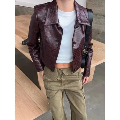 Burgundy Chic Women's Lapel Leather Short Coat Crocodrile-effect Button Down High Street Jacket New Autumn Female Outwear