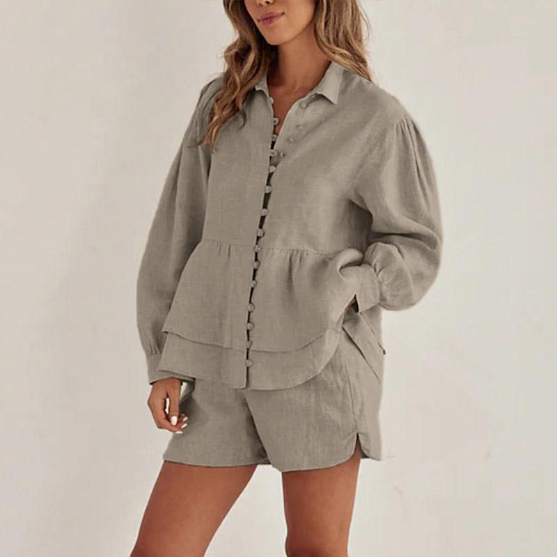 Women's Collar Double Layered Lace Shirt Shorts Set Solid Color Pleated Decoration Women's Summer Set Daily Casual Style Lady Clothes