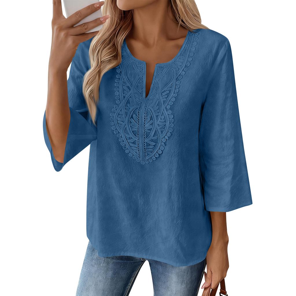 Blusa Casual da Donna con Maniche a 3/4 Ricamata, Vestibilità Larga, Tunica con Scollo a V Spaccato per l'Uso Quotidiano, Stile Comodo