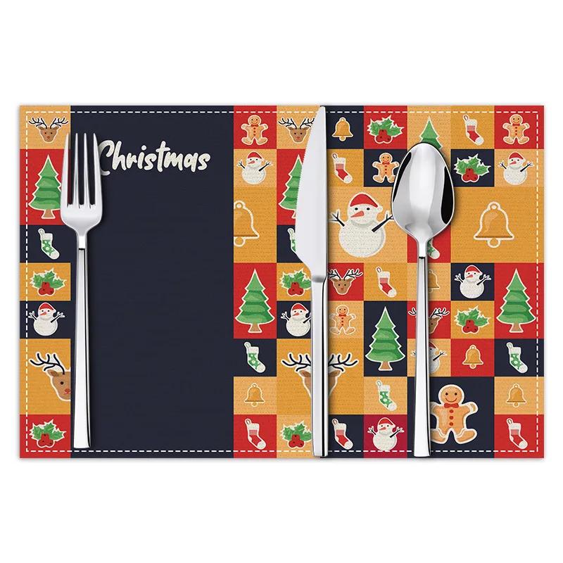 Christmas Plaid Placemat Linen Christmas Tree Snowman Print Table Mat Party Decoration Insulation Mat 30 X 45cm Coaster Placemat