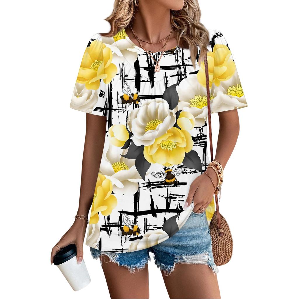 Damtopp med rund hals och blommigt tryck, veckad kortärmad, casual stil