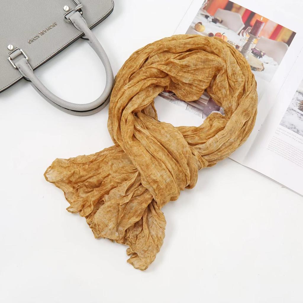 Solid Green Cotton Linen Vintage Pleated Scarf Shawl Autumn Winter Unisex Thin Long Neck Wrap Warmth Breathable Lightweight