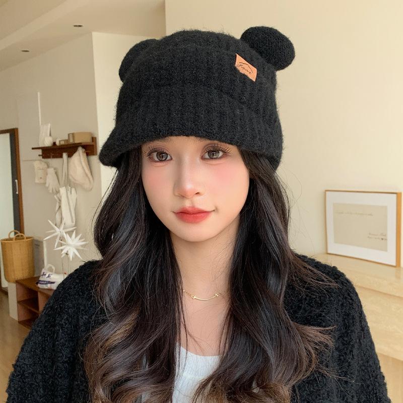 Lady Sweet and Versatile Bear Ears Knitted Wool Hat FallSeason and ColdSeason DailyWear Windproof Head Hat Outside Warm Hat