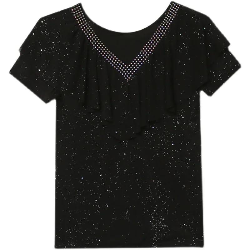 Summer Short Sleeved V Neck Women's T Shirt Elegant Slim Hot Drilling Ruffles Mesh Tees