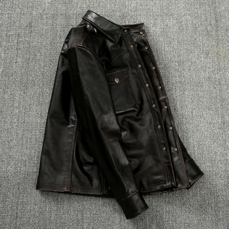 Retro Tea Core Top Layer Horse Leather Hand-painted Genuine Leather Leather Jacket Men's Lapel Leather Jacket Autumn Lapel Short Jacket