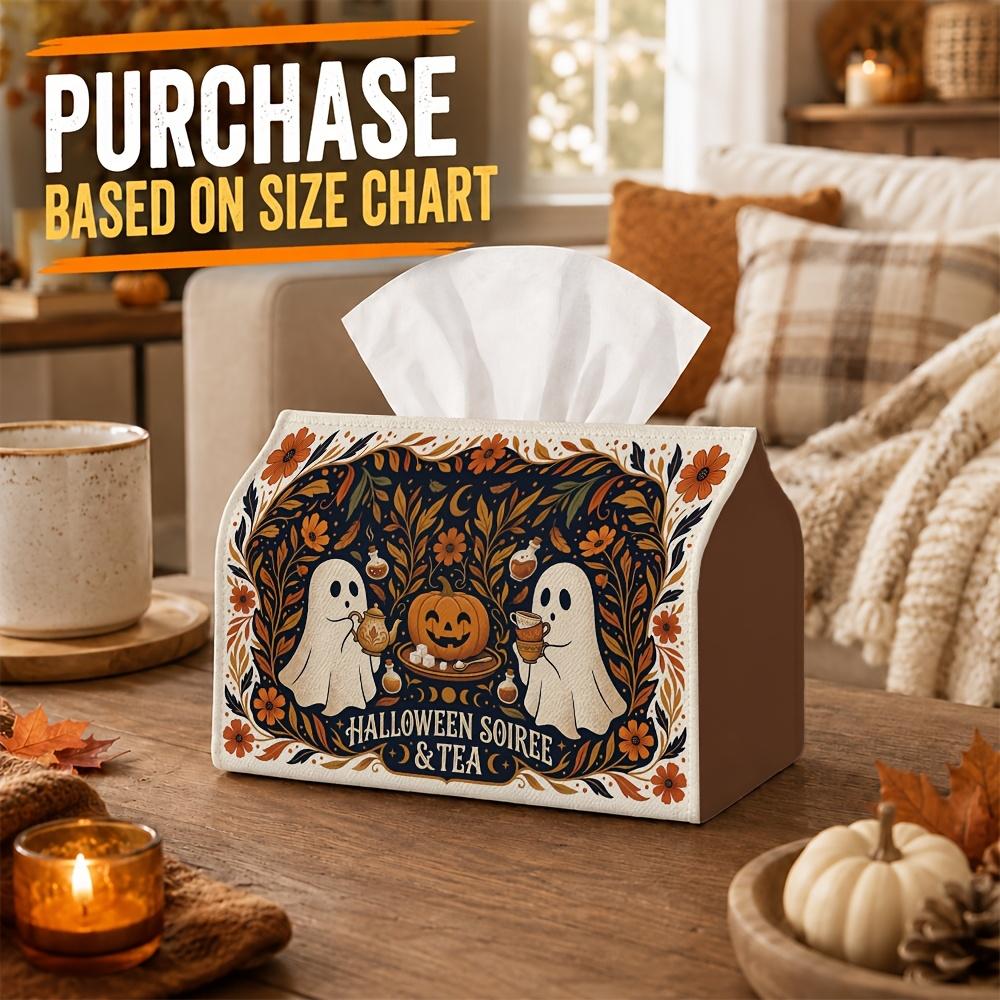 1pc Whimsical Rustic Halloween Tissue Box - Ghost Teacup Pumpkin Floral Napkin Storage Box, Fits Rolls, Facial Tissues And Single Sheets, Multi-Functi