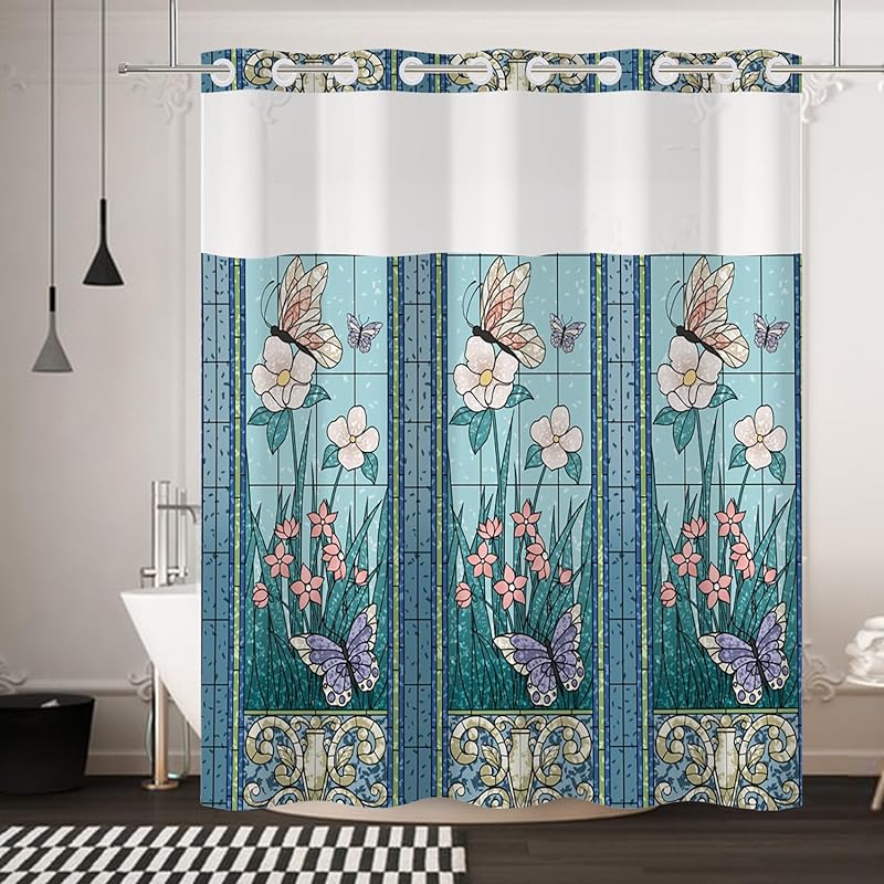 No Hook Shower Curtain,Ocean Theme Double-Layered Shower Curtain with Snap-in Liner and Weights,Starfish Coral Nautical Coastal Fabric Bath Curtain 71 W x 74 L (Pack of 1)