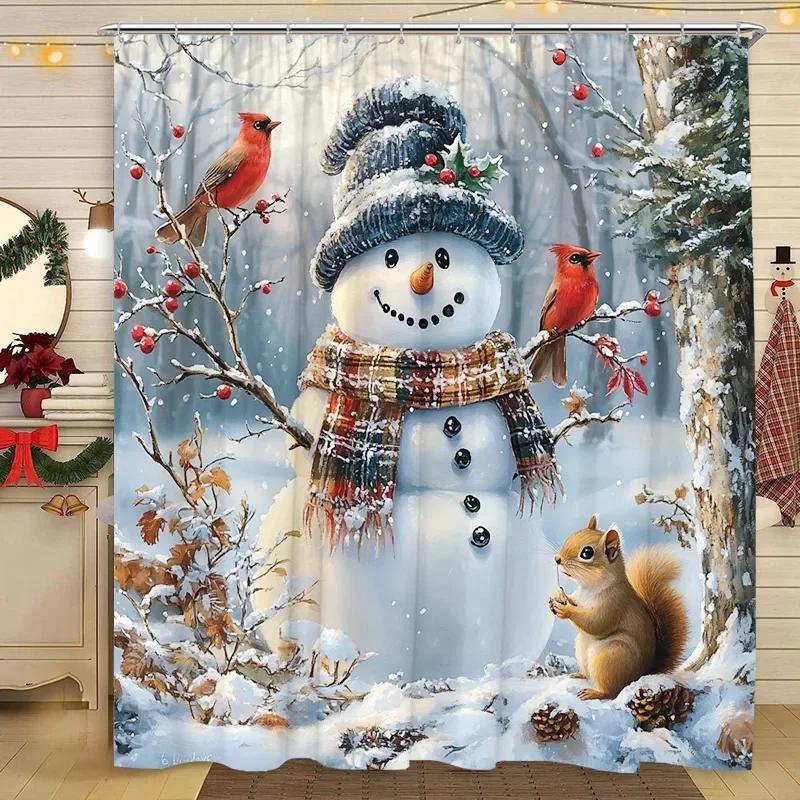 

Рождественская шторка для душа Снеговик Дед Мороз Зимняя снежная сцена Рождественский подарок Полиэстеровая ткань Шторки для душа Декор для ванной 120x180cm