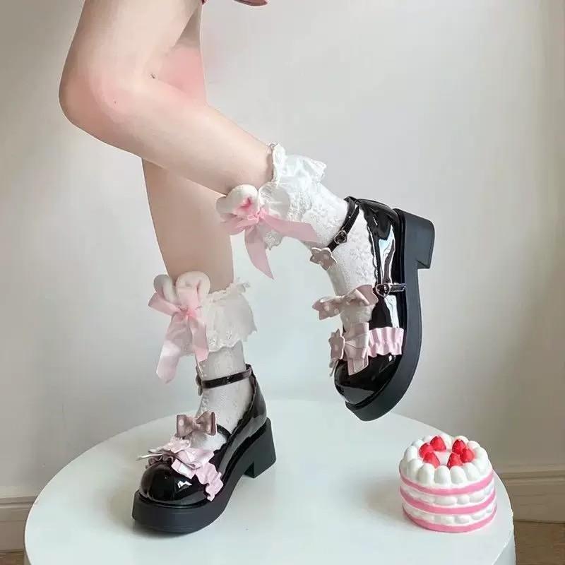 Japanese cute Lolita rabbit ear socks women's white JK lace lolita bow calf mid tube socks thin