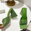 Fashion Eilyken Summer CRYSTAL Triangle Thick Heel Slippers Sexy Street Woman Square Toes Dress Party Shoes Size 35-41