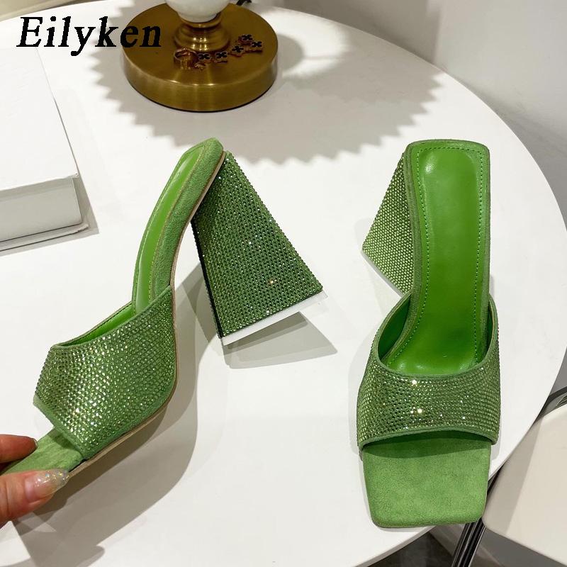 Fashion Eilyken Summer CRYSTAL Triangle Thick Heel Slippers Sexy Street Woman Square Toes Dress Party Shoes Size 35-41