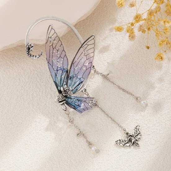 1 pièce de manchette d'oreille pour femme en forme de papillon, pompon à paillettes, fleur, lune, décoration d'oreille suspendue, style fée de la forêt, antidérapant, électroplaqué, pour cosplay, fête
