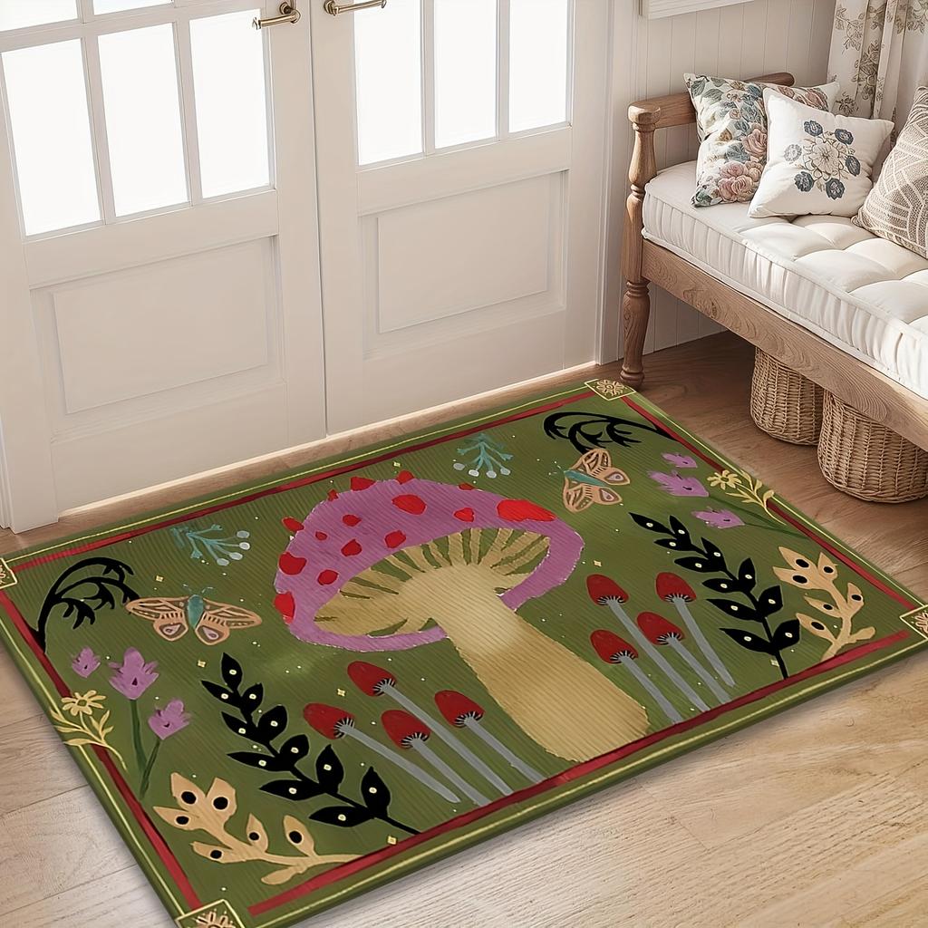 Vintage Mushroom Pattern Round Area Rug, Non Slip Floor Mat for Kitchen Dining Room Hallway and Bedroom, Machine Washable Decor