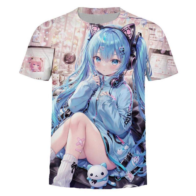 Hatsune Miku's Cute Anime 2D Series 3D Printed T-shirts, Fashionable and Versatile Cos Short-sleeved for