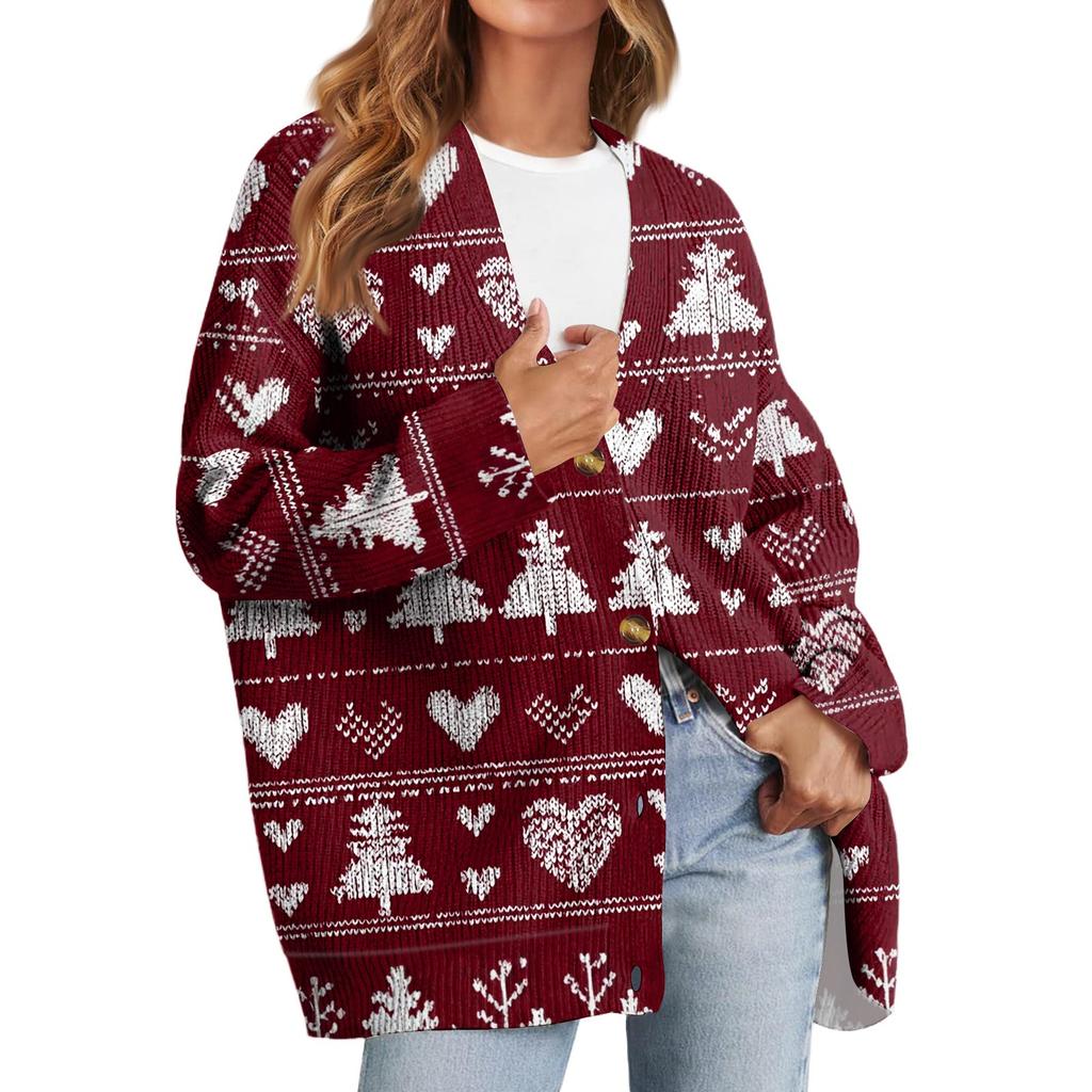 Women's Fashion Long Sleeve Christmas Print V-Neck Button Loose Cardigan Top