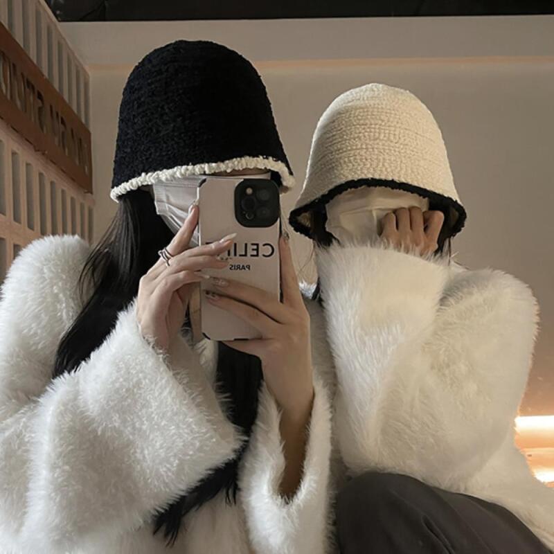 Women s Daily Color Block Fleece Knit Bucket Hat C6432_Black