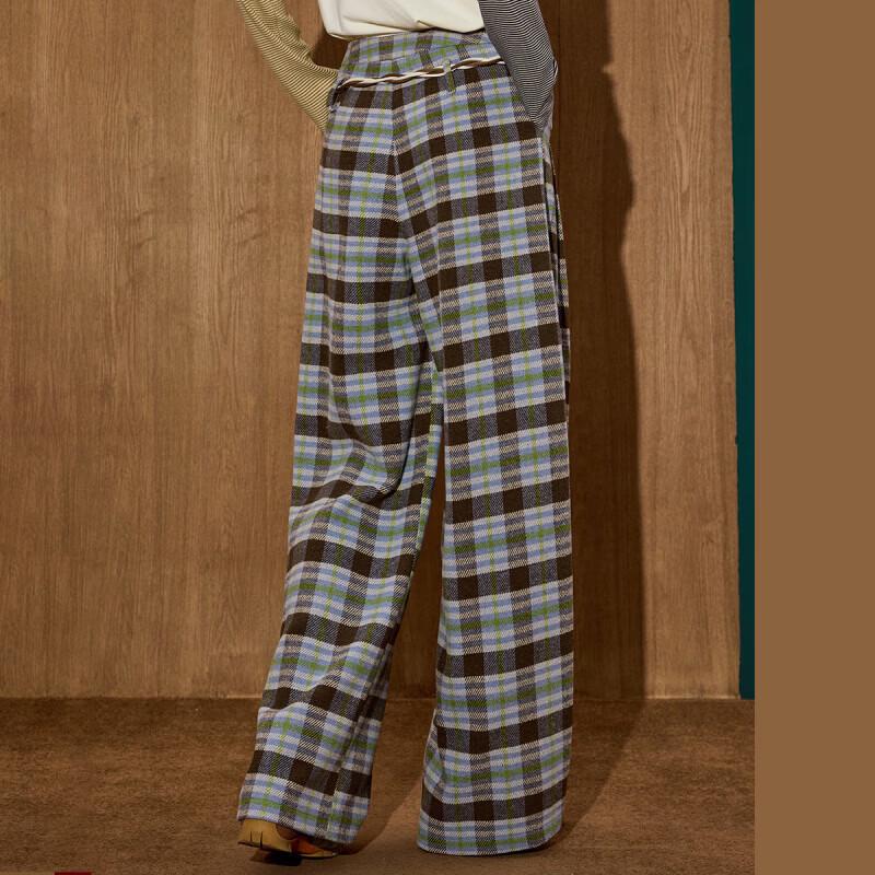 COOLHUT Women's Retro Plaid Drawstring Straight-Leg Pants