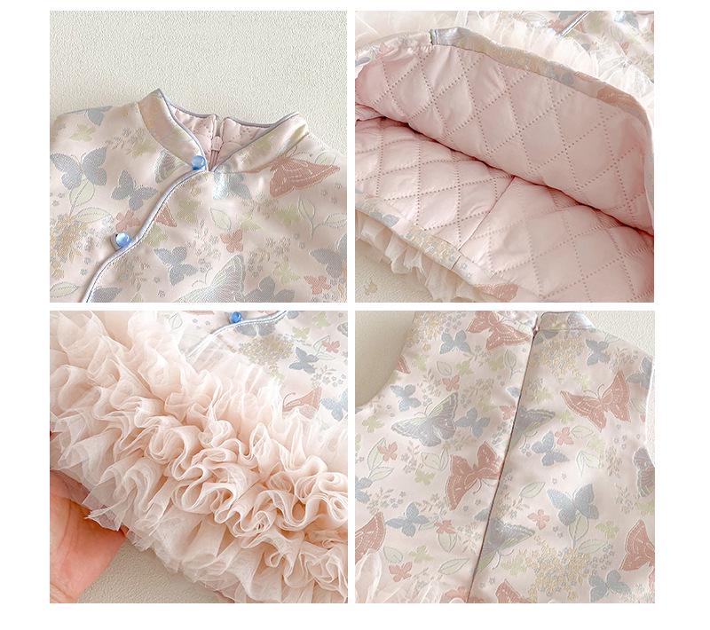 2025 Girls' Chinese Style Layered Winter Dress with Oblique Collar - Retro New Year Outfit