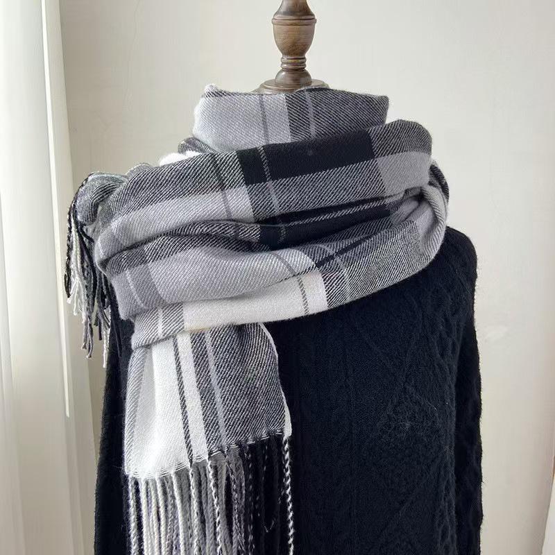 Imitation Cashmere Plaid Scarf - Women's Korean Style Autumn Winter Shawl with Tassels