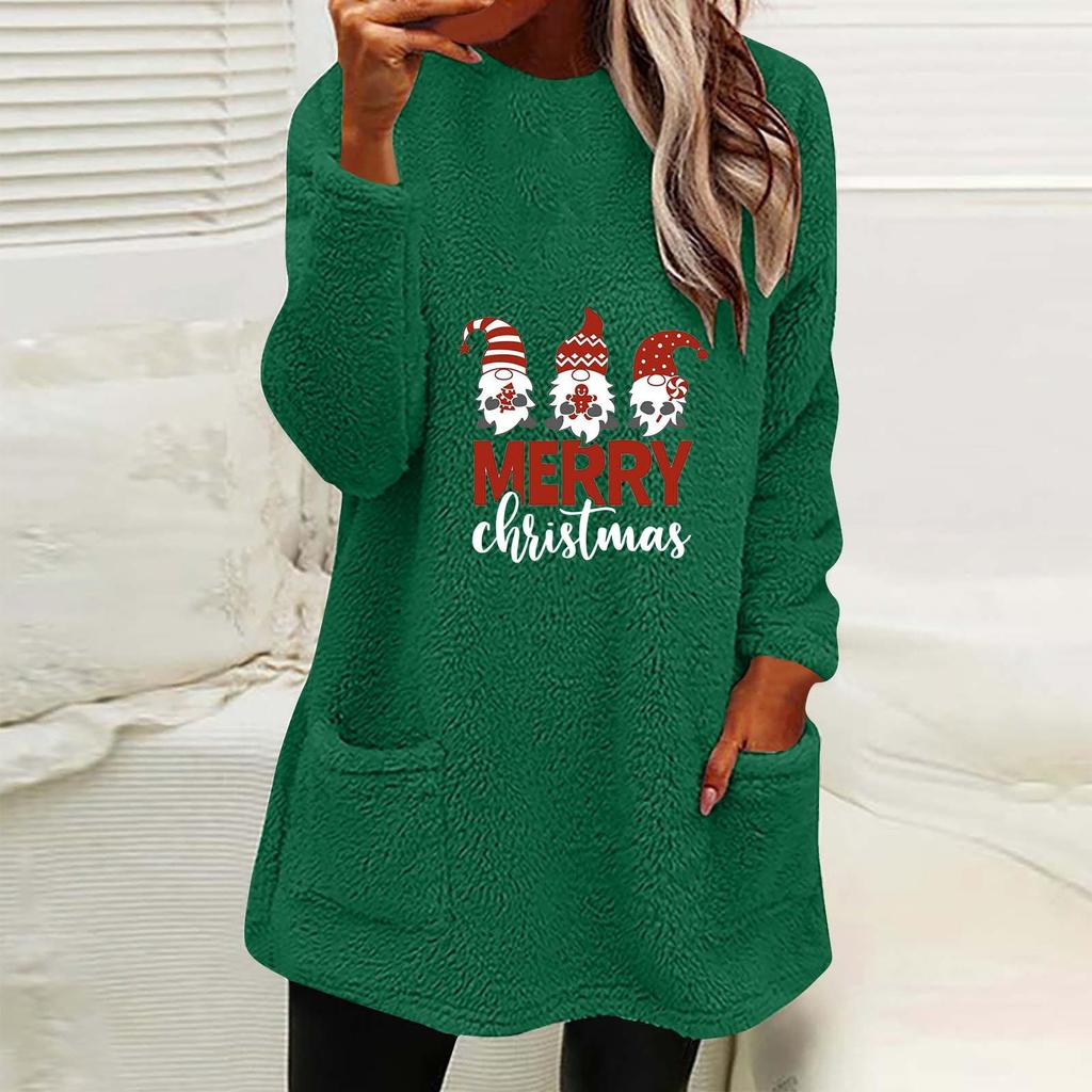 Damen Weihnachtsdruck Rundhals Locker Langarm Tasche Plüsch Hoodie