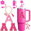 Cup Accessories Set for Stanley Cup 30oz 40oz Tumbler with Handle, Including Silicone Straw Topper Cover Cap, Handle Charm, Initials Sticker Fuchsia