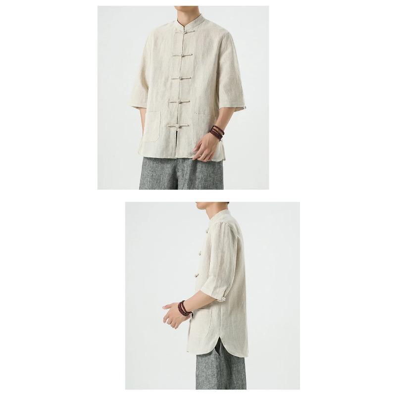 Chinese Style Mens Linen Summer Shirt Retro Stand Collar Half Sleeve Chinese Kong Fu Suit Men Hanfu