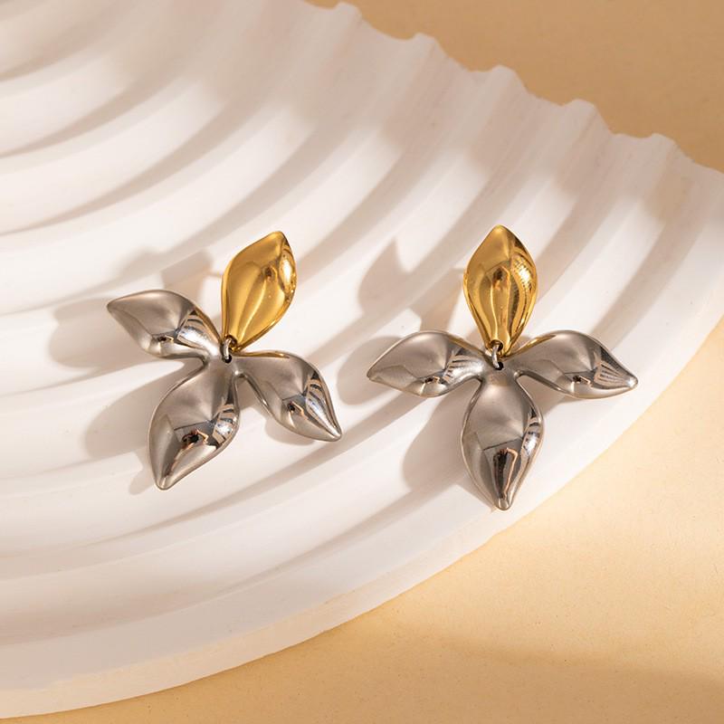 Two-Tone Gold & Silver 3D Four-Petal Flower Stainless Steel Stud Earrings for Women