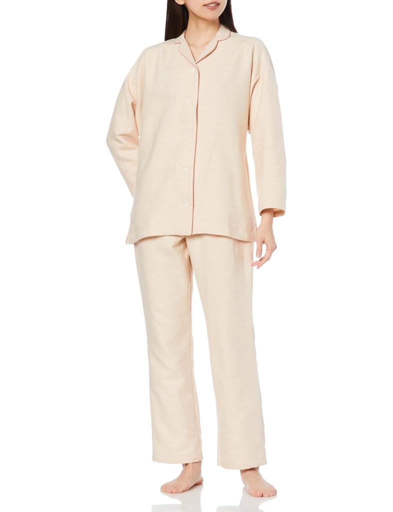 Gunze KAIMIN NAVI Hooded Long Sleeves and Dyed Light Brown Sleep-Friendly Pajamas, Textile, 100% Cotton, Pants, Flannel,