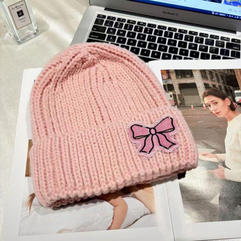 Lace Edge Bow Beanies Hat Solid Color Winter  Knitted Cap Sweet Bow Knitted Pullover Hat  Outdoor