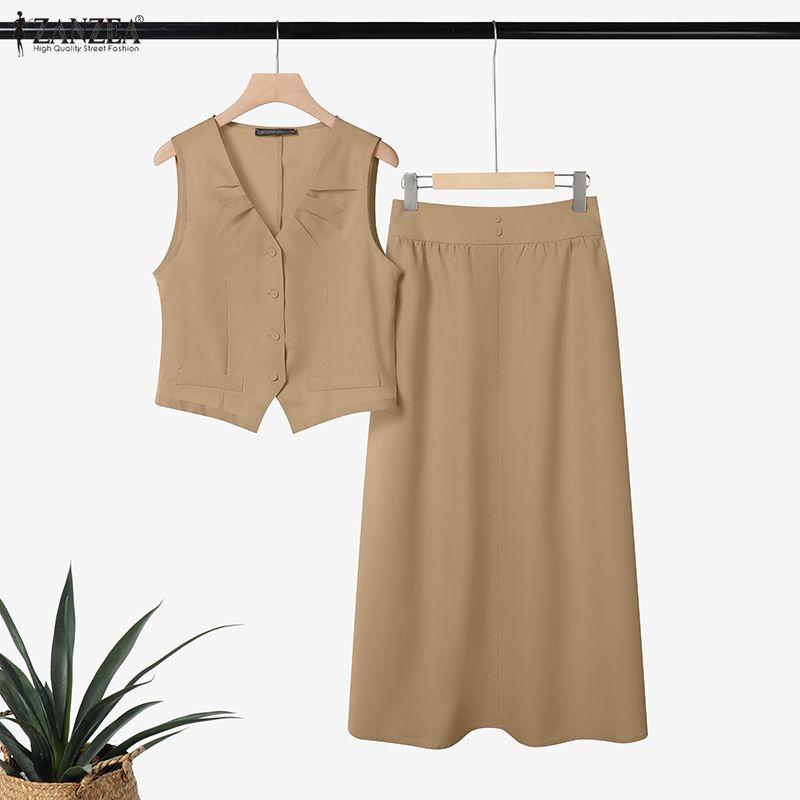 ZANZEA Women Sleeveless Vest Tops and Midi Skirts Summer Two Piece Suit Sets