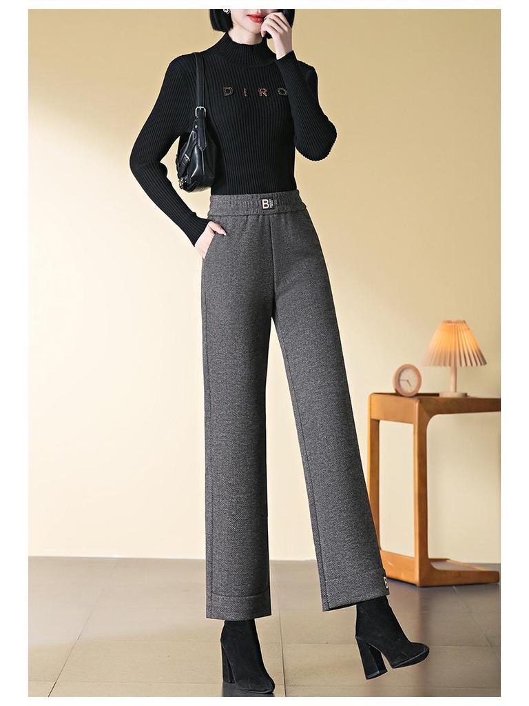 2024 Autumn/Winter High-Waisted Wool Slimming Straight-Leg Cropped Warm Pants for Middle-Aged Women