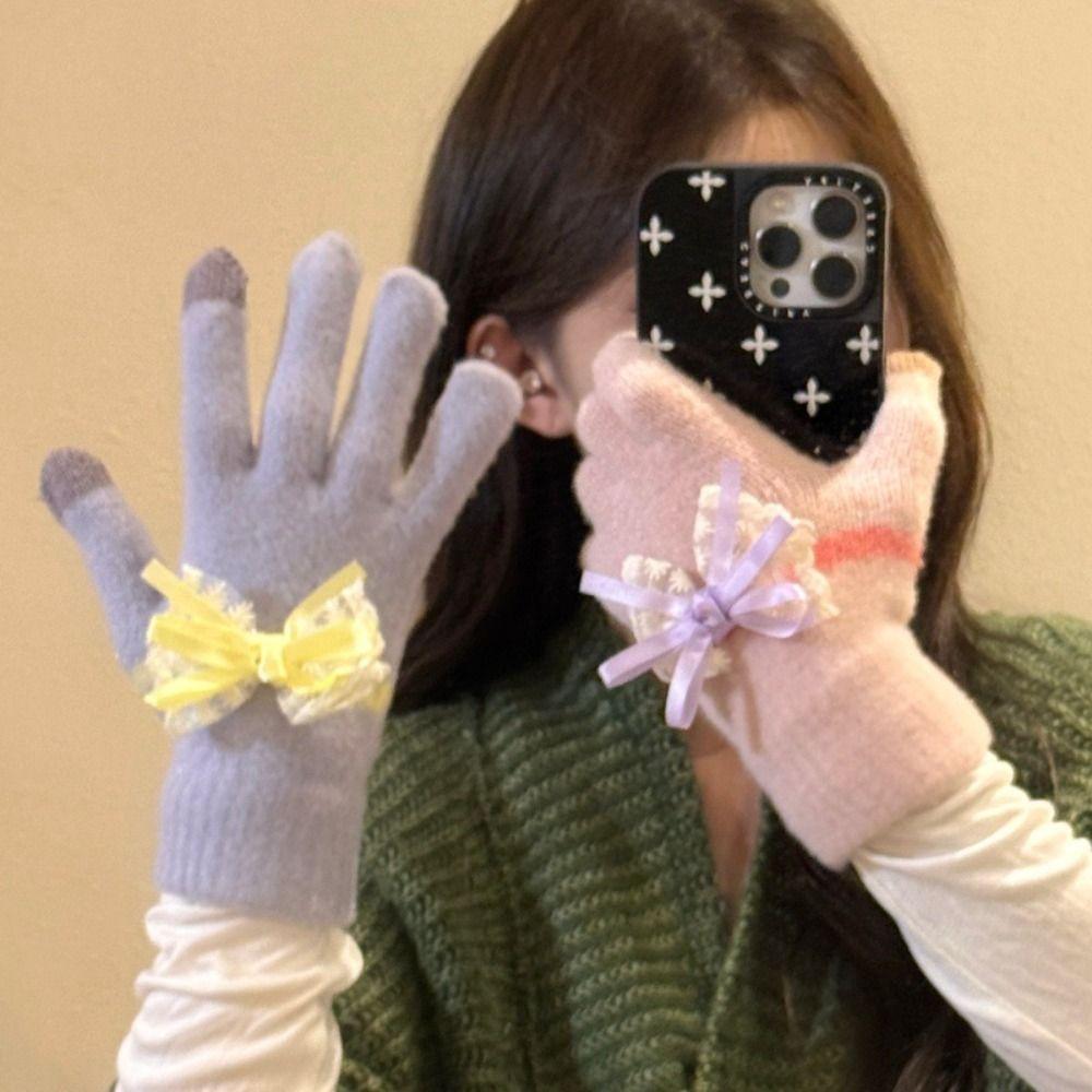 Cute Bowknot Gloves Thickened Comfortable Cotton Mittens Warm Touchscreen Full Finger Gloves Winter