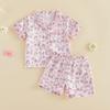 Citgeett Summer Kids Girls Pajamas Cute Goose Floral Print Button Short Sleeves Shirt Elastic Shorts Loungewear Clothes