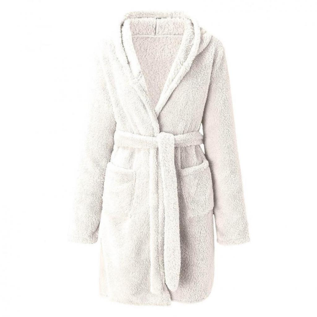 Autumn and Winter Hooded Home Plush Pajamas Short Sleeved Solid Color Warm, Nightgown