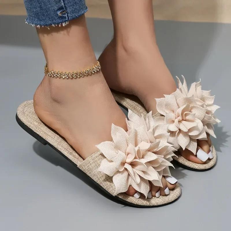 Hot Sale Women's Shoes New Summer Women's Slippers Solid Flowers Open Toe Low Heels Large Size 43 Light Casual Slippers Women