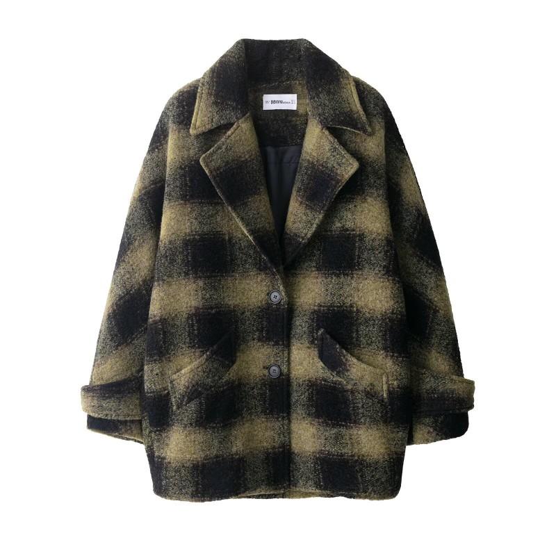 Womens Plaid Wool Blend Short Coat Loose Fit Turn Down Collar Single Breasted Casual Outerwear