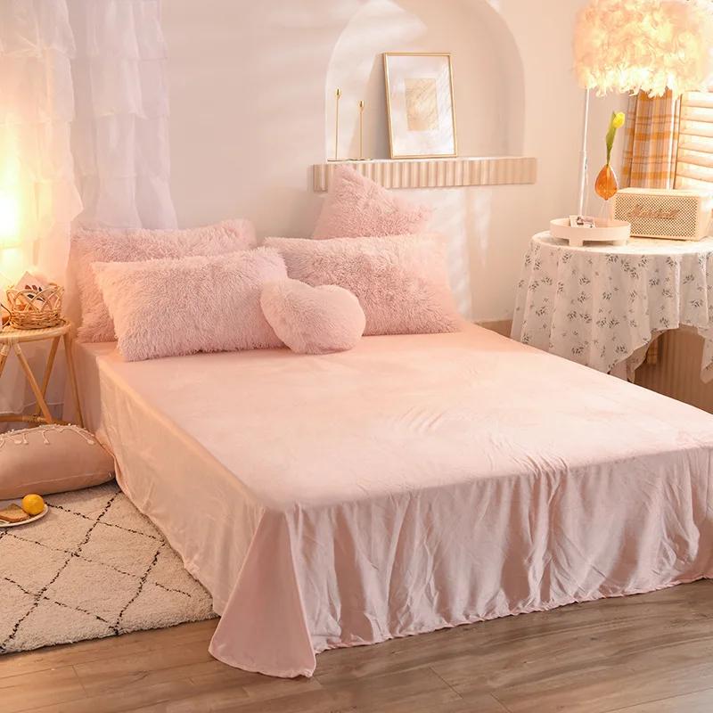 Luxury Winter Warm Long Plush Pink Bedding Set Queen Mink Velvet Double Duvet Cover Set with Fitted Sheet Warmth Quilt Covers