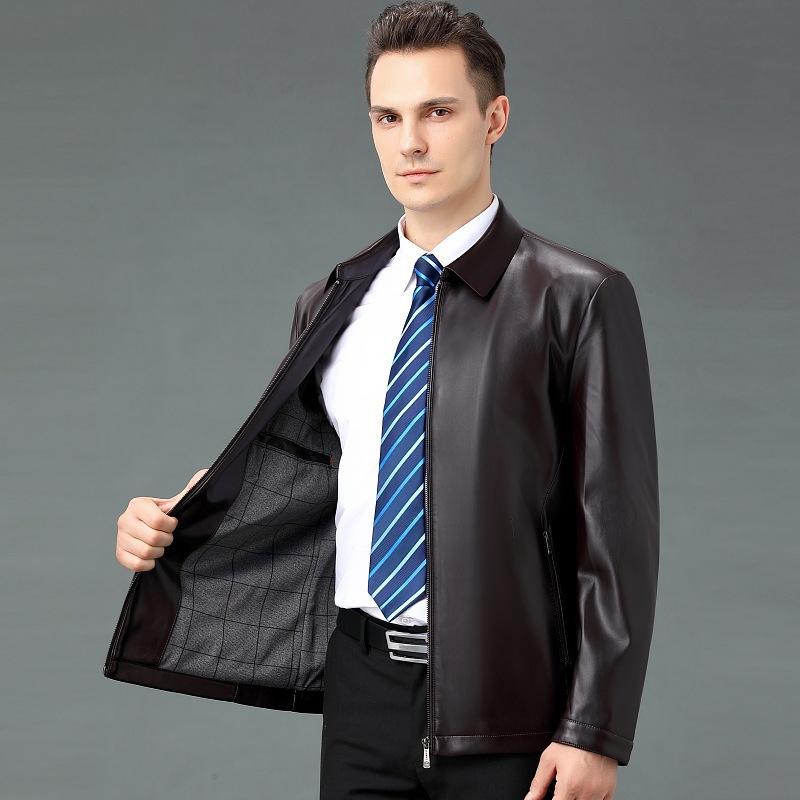 Spring New Sheepskin Single Leather Jacket for Young and Middle-aged Men with Velvet Short Lapel Solid Color Soft Leather Jacket