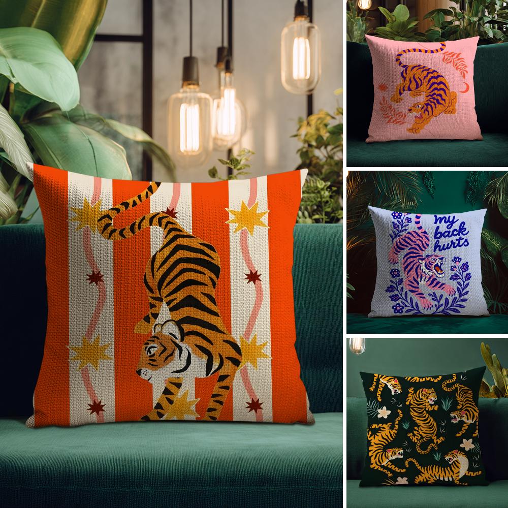Animal Style Tiger Fashion Cushion Cover Natural Linen Pillow Case DoubleSided Print Decorative Sofa Pillowcase Home Decor Gift