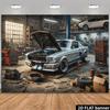 2D Retro Auto Repair Workshop Muscle Car Background for Mechanic Party Decoration