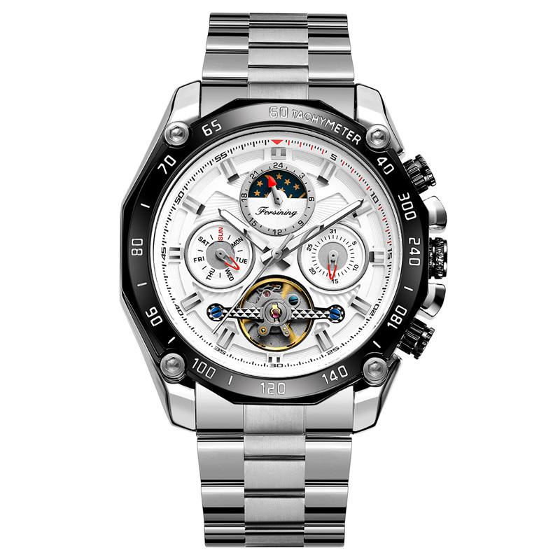 Forsining Watch Tourbillon Mechanical Men Watches Calendar Moon Phase Stainless Steel Strap Business Dress Sport Wristwatch